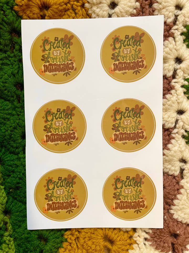“Created By Artistic Intelligence” sticker sheets for wholesale by Hippie Lou Studio