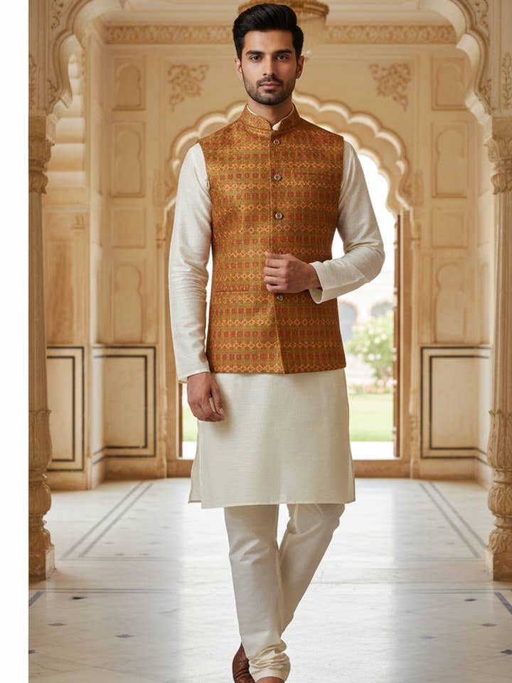Men’s Rust & Gold Nehru Jacket with Ivory Kurta Pajama for wholesale by Masculine Moda
