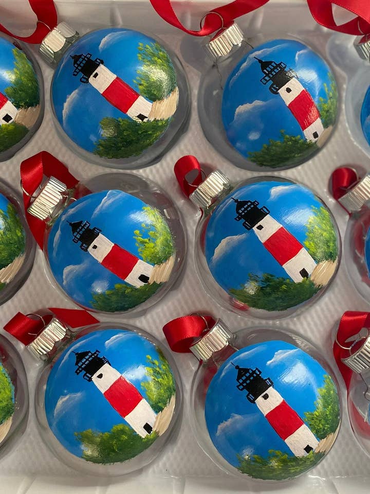 Hand Painted Sankaty Head Lighthouse ornaments Nantucket for wholesale by OrnamentsbyAmy