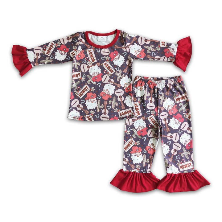 Yawoo Garments - Wholesale Sleepwear Set - Kids - Howdy santa guitar cactus kids western Christmas pajamas