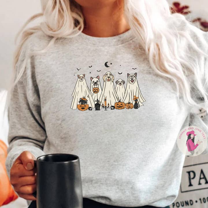 Johnny and June Tees - Vente Sweat-shirt à imprimés – femme - Pull d'Halloween Ghost Dog, costume d'Halloween pour chien, amusant0
