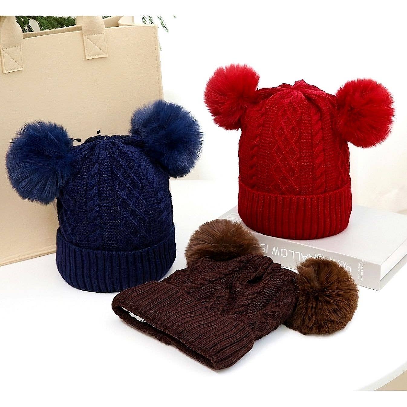 Diacly - Wholesale Beanie - Unisex - 12pk Diamond Double Pompom Knited Winter Beanie0