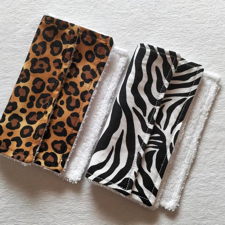 Fancy face cloths, Large reusable wipes- leopard/zebra print for wholesale by Hannah and me