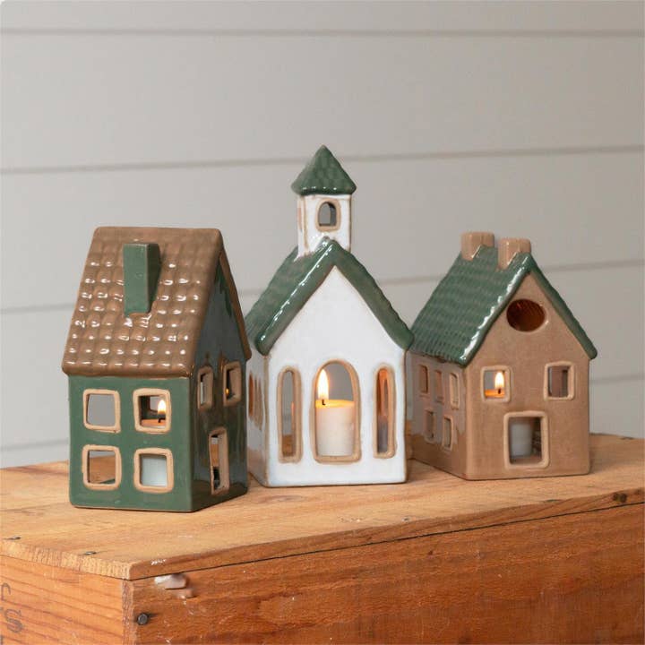 Audrey's Home & Gift - Wholesale Decorative Figurine - Ceramic Houses And Church, Sage, Tan, And White (Pk/03 Ast)