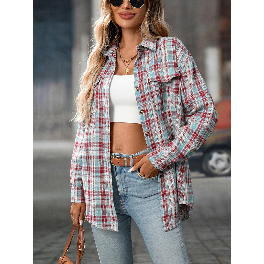 UNISHE - Wholesale Shirt - Women's - Casual Loose Fit Plaid Pockets Button-Down Shirt MD21314