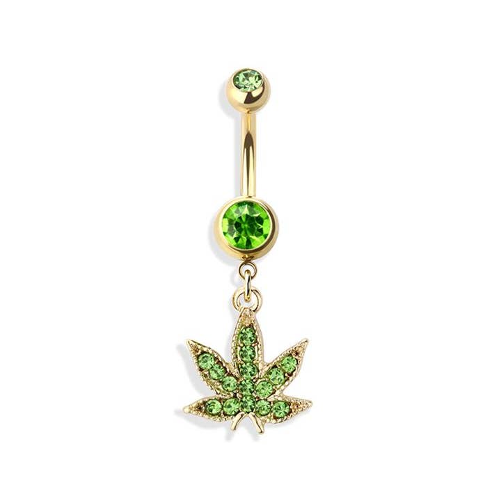 CRAVE BODY JEWELRY - Wholesale Belly Ring - GREEN MARIJUANA POT LEAF DANGLE NAVEL RING