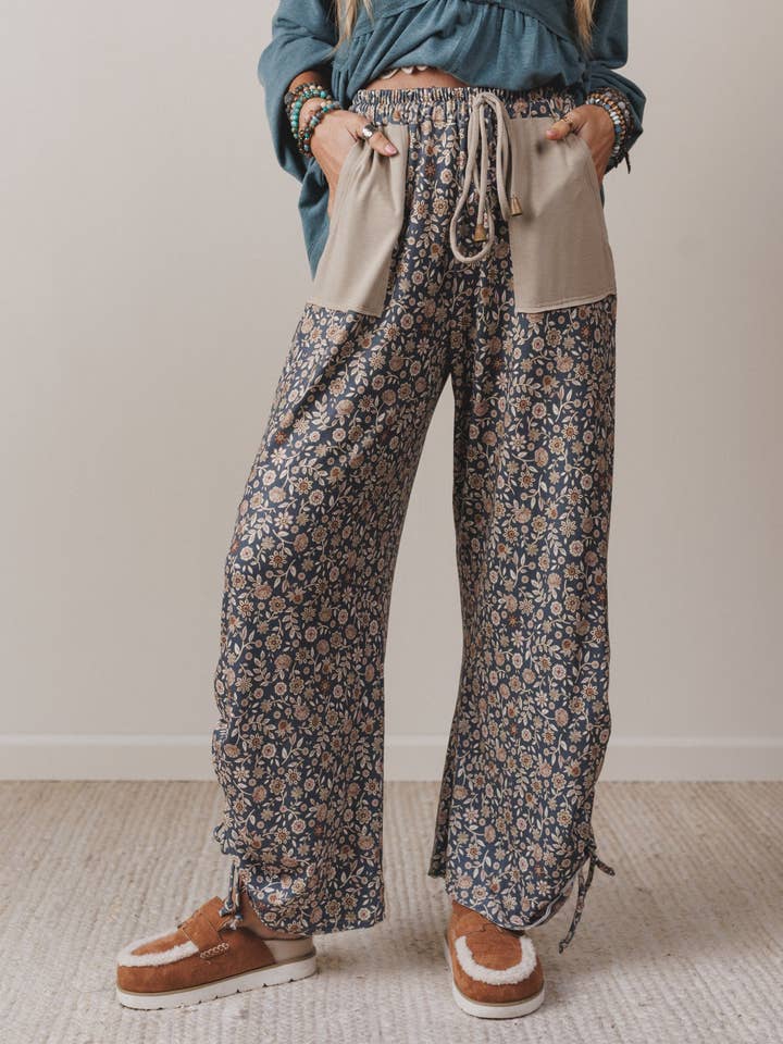 Pushing Daisies Drawstring Pants - Charcoal for wholesale by Three Bird Nest