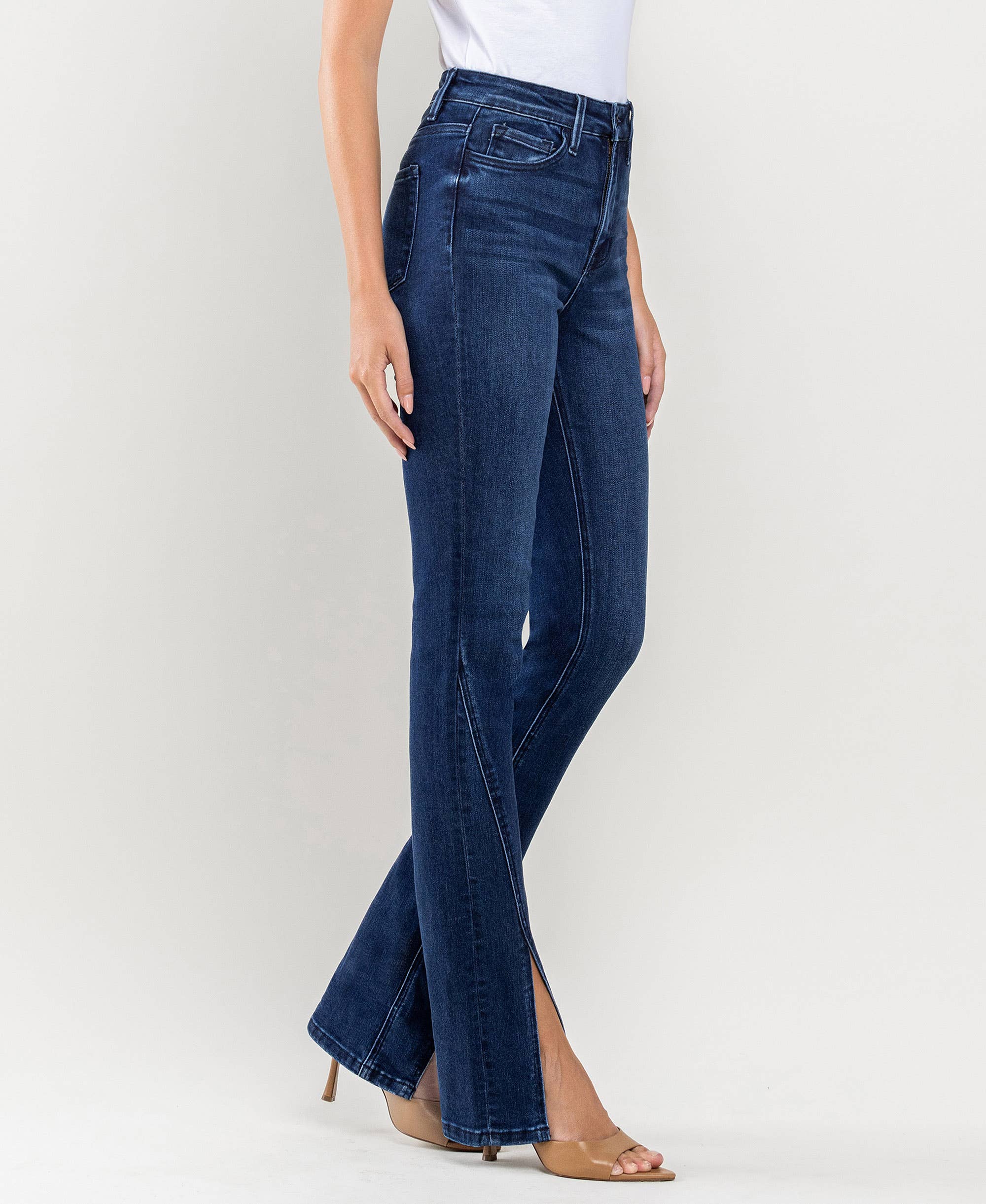 HEBE HIGH RISE SLANTED SLIT DETAIL SLIM STRAIGHT JEANS F4969 for wholesale on Faire4
