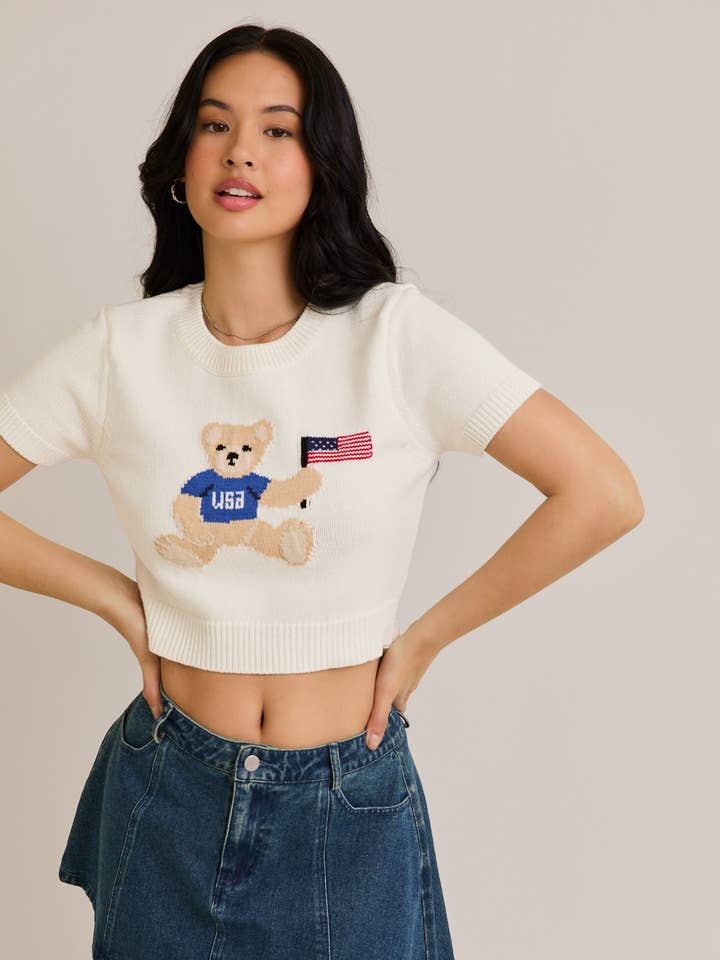 White "TEDDY BEAR WITH USA FLAG" GRAPHIC CREW NECK SWEATER TOP for wholesale on Faire