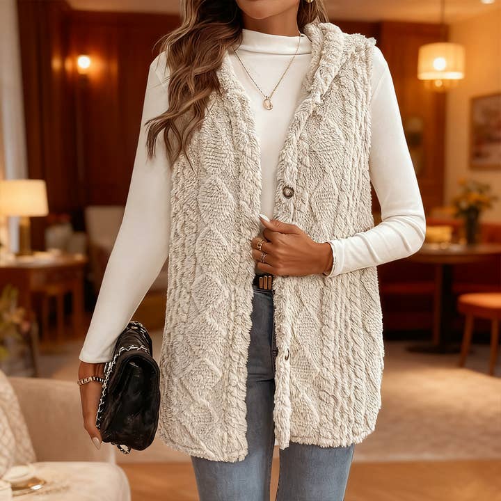 Double-sided ringed plush sleeveless hooded coat for wholesale by Lily Clothing