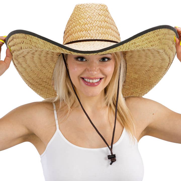 Natural Dark Brown Eyeleted Biggs Extra Wide Retro Brim Straw Cowboy Hat for wholesale on Faire