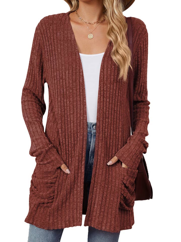 Solid Color Pocket Long Sleeve Cardigan Sweater for wholesale by Rosa Clothing