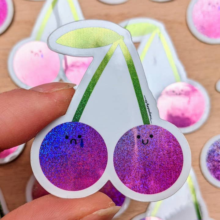 Sad Cherry/ Happy Cherry - Glitter Vinyl Sticker for wholesale by Uschie