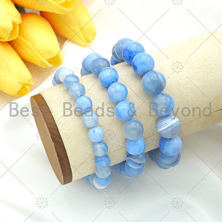 Pulseira elástica de ágata com faixas azuis naturais por atacado de BestBeads&Beyond