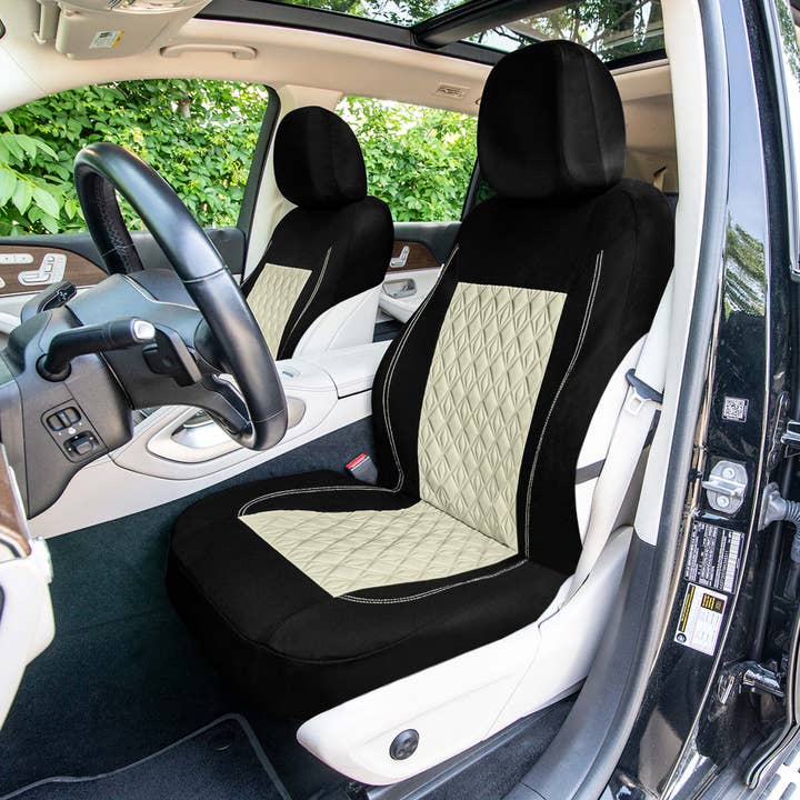 Diamond Stitched Flat Cloth Car Seat Covers Full Set - Beige for wholesale by FH GROUP