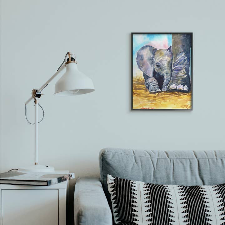 Stupell Industries – wholesale Konsttryck – Bebis Elefant på fötter Porträtt Vibrant Blå Gul Blk Ram