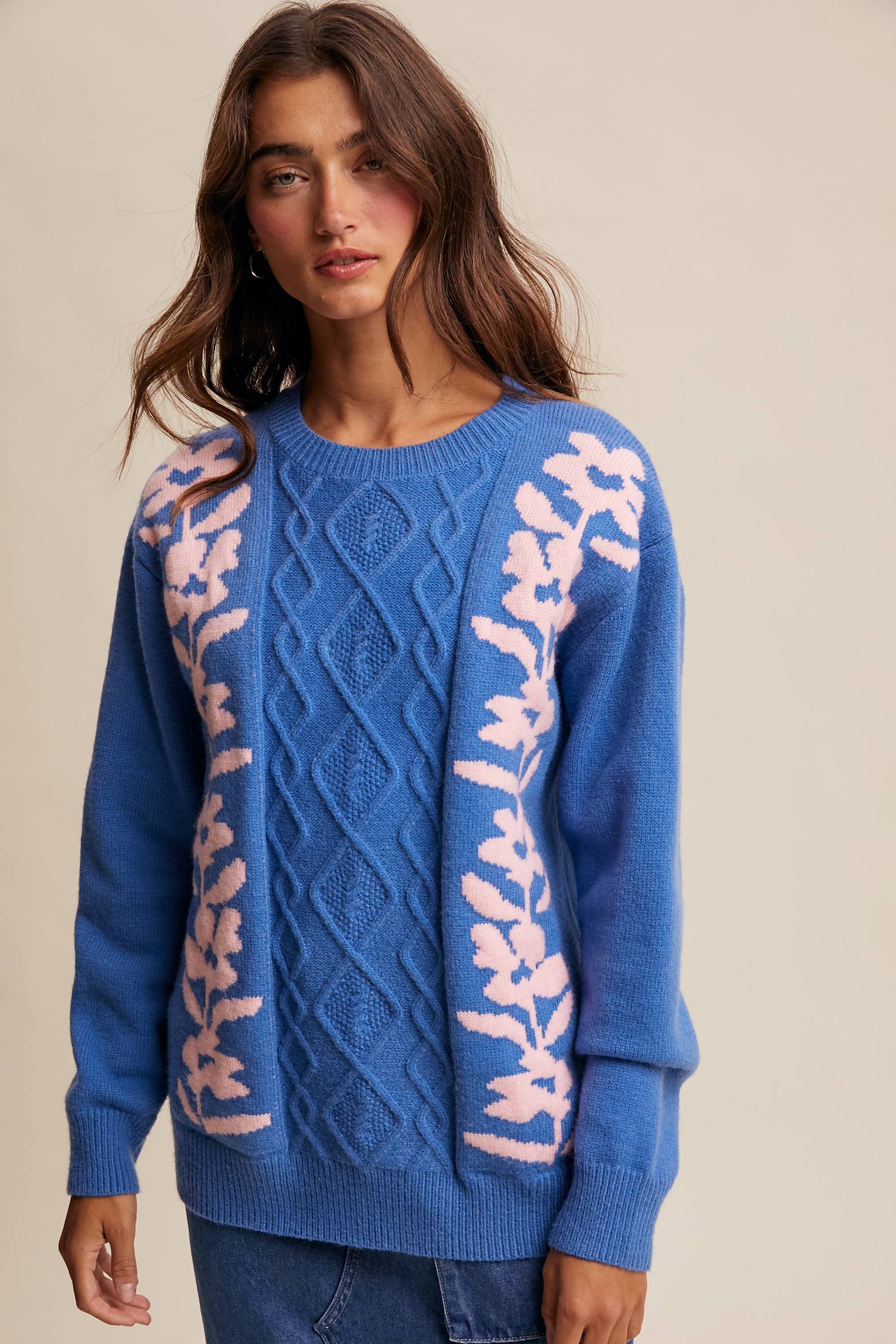 Listicle - Wholesale Knit Sweater - Women's - Floral Panel Cable Knit Sweater (LSW0880)3