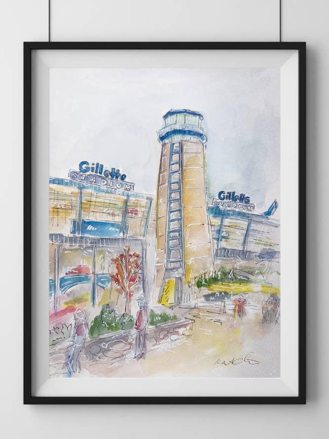 Impression aquarelle du Gillette Stadium – Art des New England Patriots pour la vente par KEC Paints