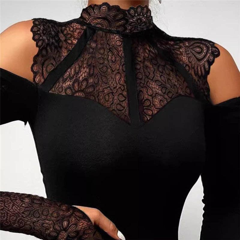 SORT Lace Patchwork Langærmet Bodycon Off-Shoulder Jumpsuit for engroshandel på Faire1