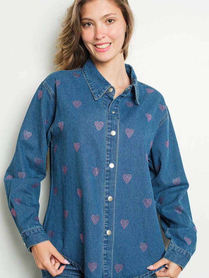 IT3165 Rhinestone Hearts Button Up Denim Shirt for wholesale by KIWI
