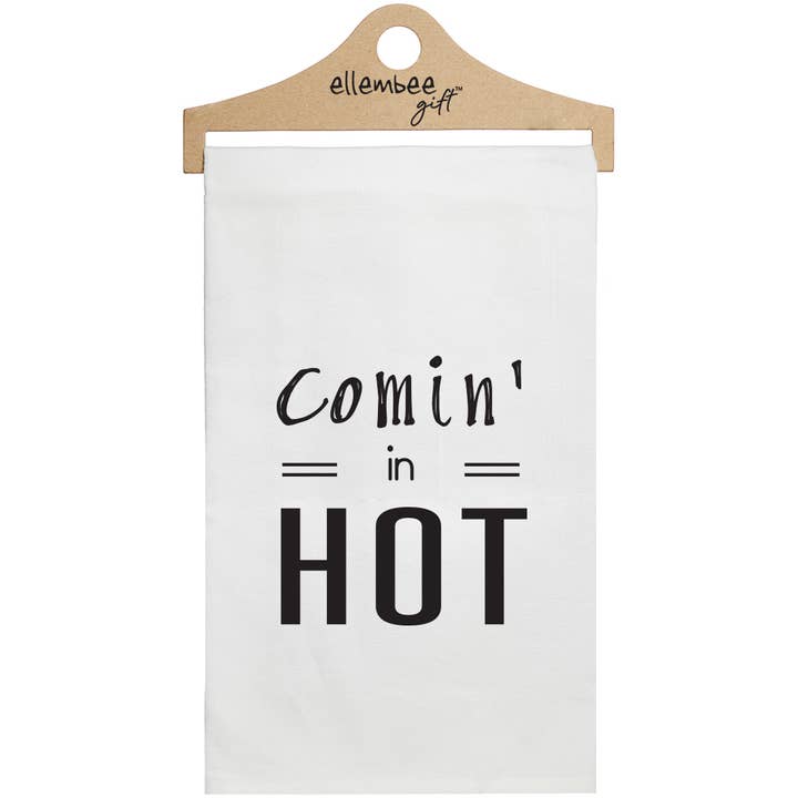 White Comin In Hot sassy, witty, & funny Kitchen Tea Towel for wholesale by ellembee gift