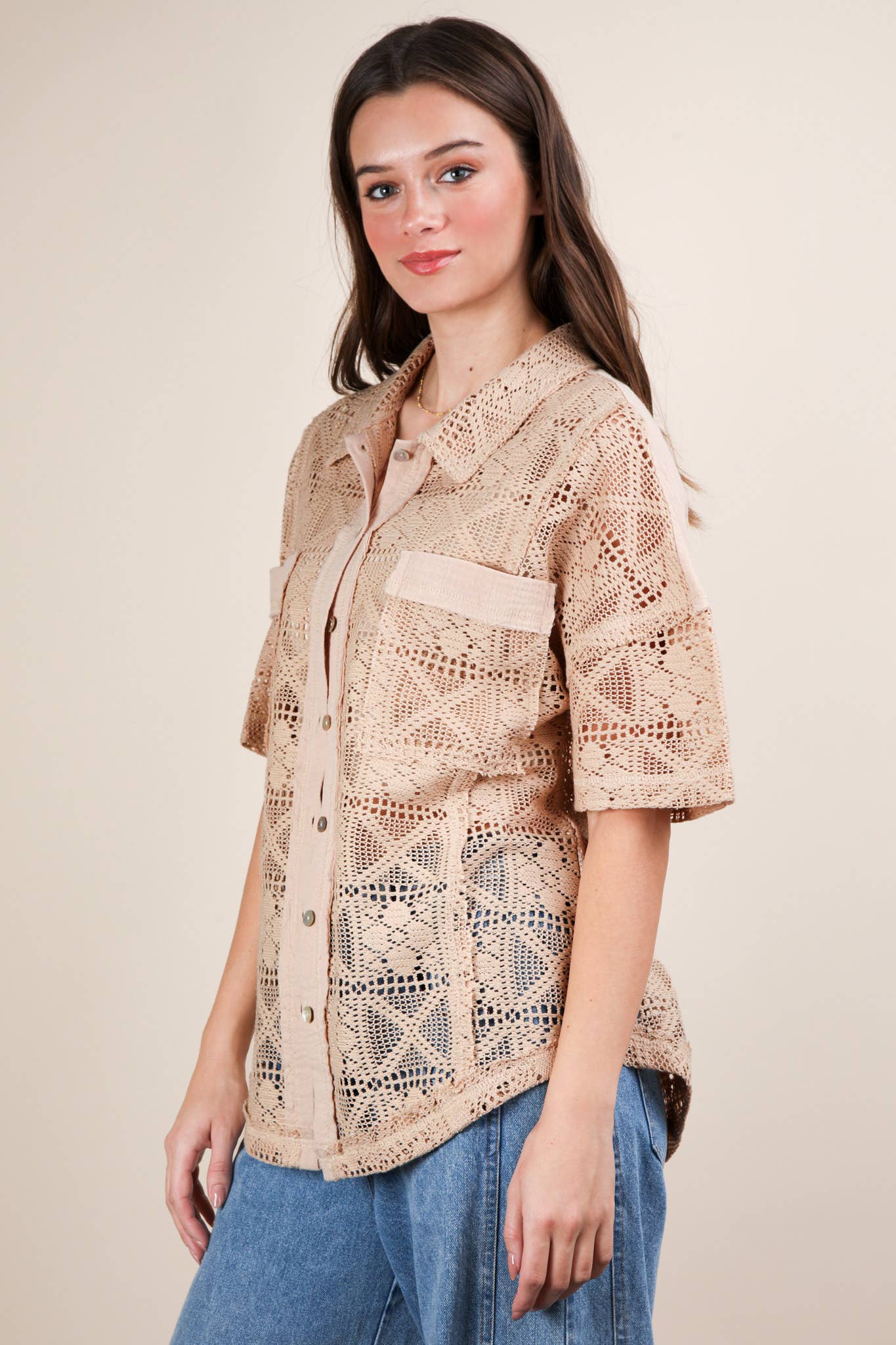 VERY J - Wholesale Jacket - Women's - NT12083-Oversized Crochet Button Down Shirt Top17
