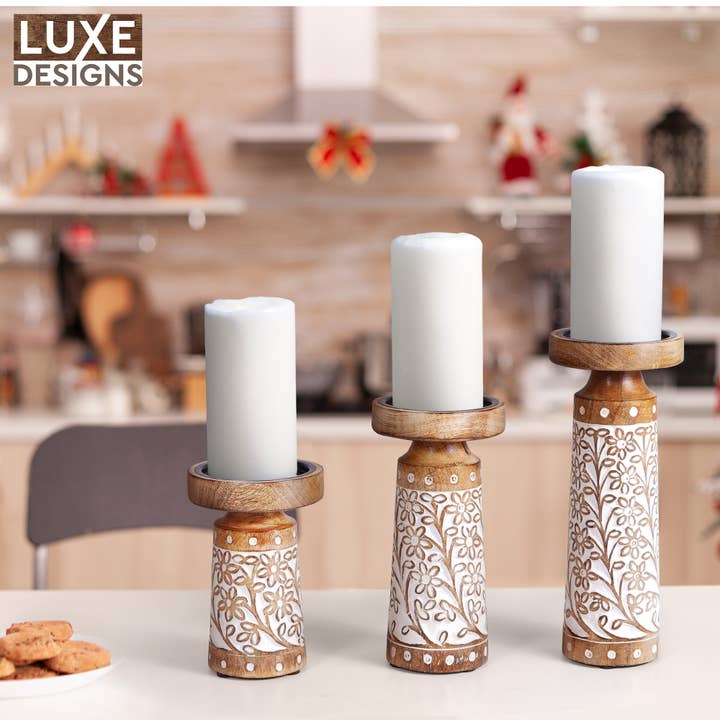 LuxeDesigns Co LLC - Wholesale Candle Holder - Artisan Hand Carved Crafted Thick Wood Candle Holders 3 Pcs4