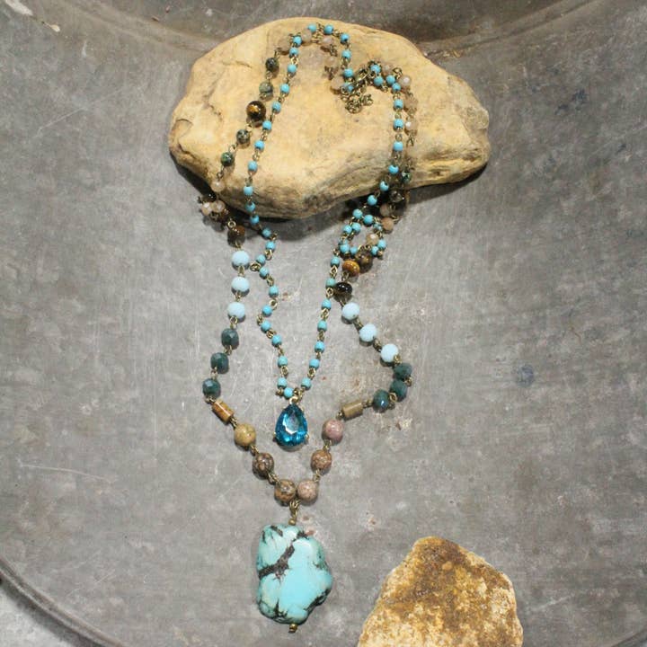 Bohemian Crystal & Turquoise Stone Drop Layered Necklace for wholesale by The Primitive Peddler, Inc.