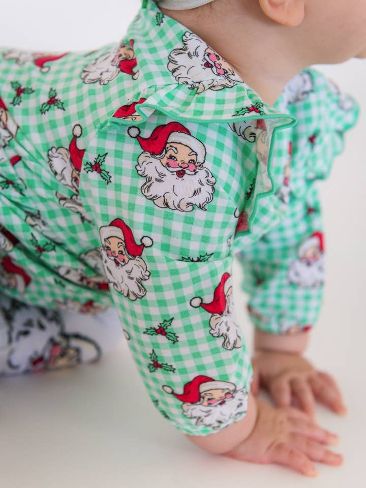 Baby Girls Green Dear Santa Knit Long Sleeve Flutter Bubble Romper
 for wholesale by RuffleButts + RuggedButts