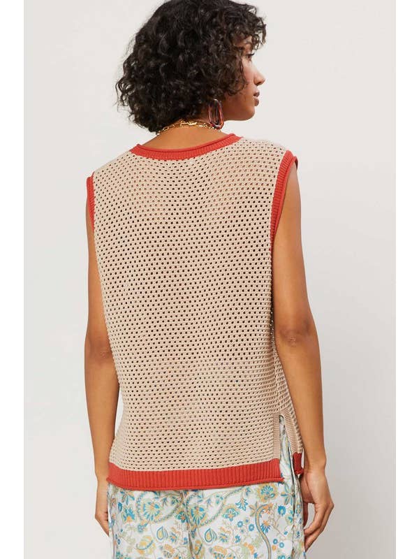 Sand Slvless Open Knit Sweater W/ Contrast Accents for wholesale on Faire