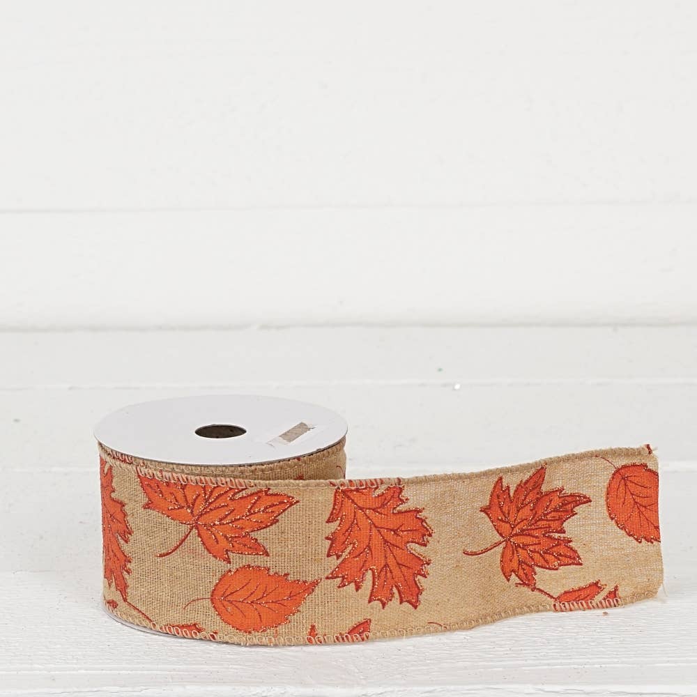 Impressive Enterprises, Inc. - Wholesale Ribbon - Gift Wrapping - R32911-Wired Ribbon-Burlap with Fall Leaves  (2.5inW)3