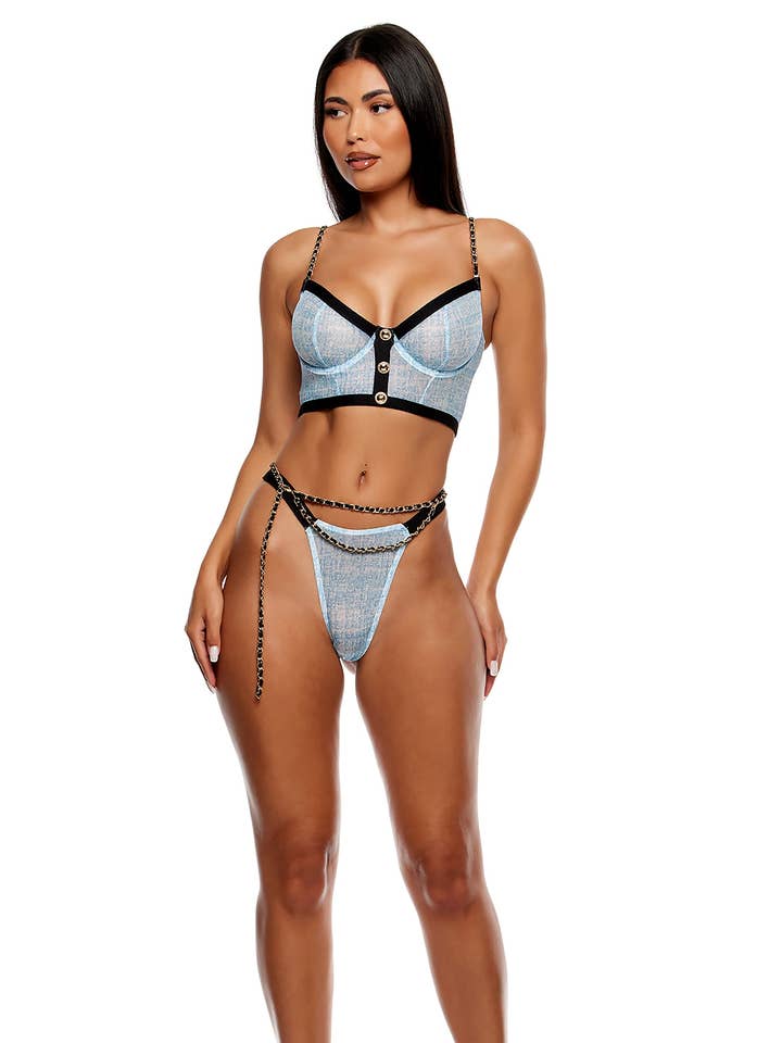 Keep It Classy Mesh Longline Bra Lingerie Set - Ice Blue for wholesale by Forplay Inc.