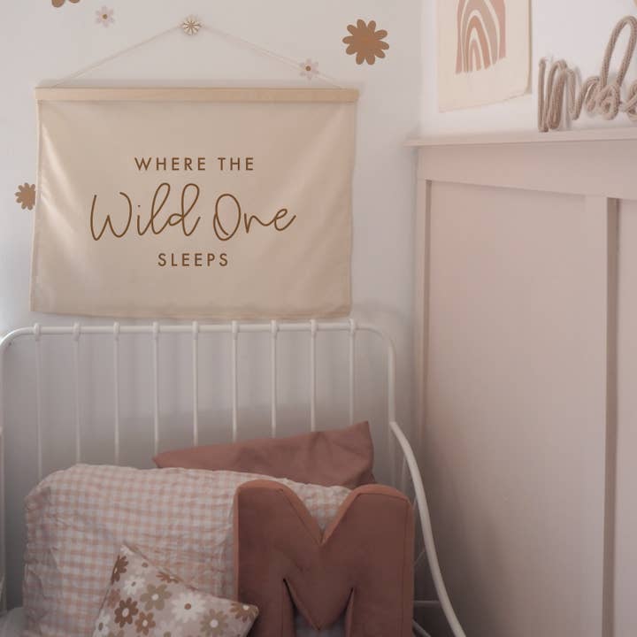 Where The Wild One Sleeps Handlettered version Wall Hanging 50x70cm - more colours available for wholesale by Little M
