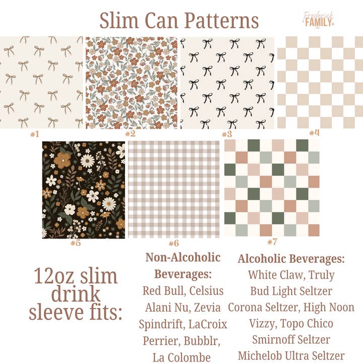 Frederick Family Co. - Wholesale Drink Huggers & Koozies - Slim Can Drink Sleeves- Reusable Neoprene Coolers with Aesthetic Patterns, 12oz Skinny Can Holder for Seltzer Energy Drinks8