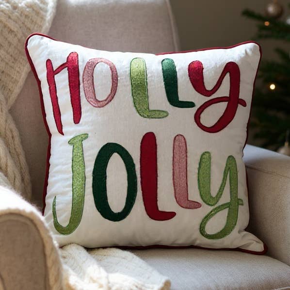 Weihnachtskissen Holly Jolly Quadratisch Bestickt Weiß für den Großhandel von Ansa Home