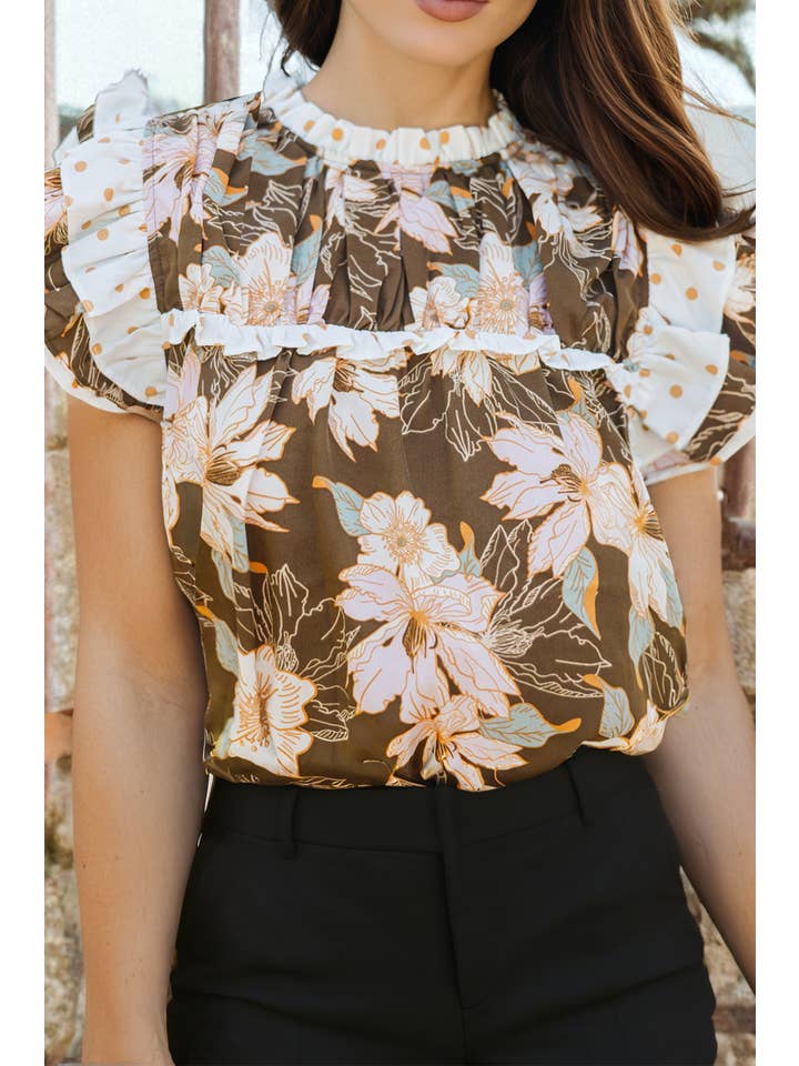 fashionworks - Wholesale Blouse - Women's - Fashion-W Floral Contrast Ruffle Trim Short Sleeve Blouse