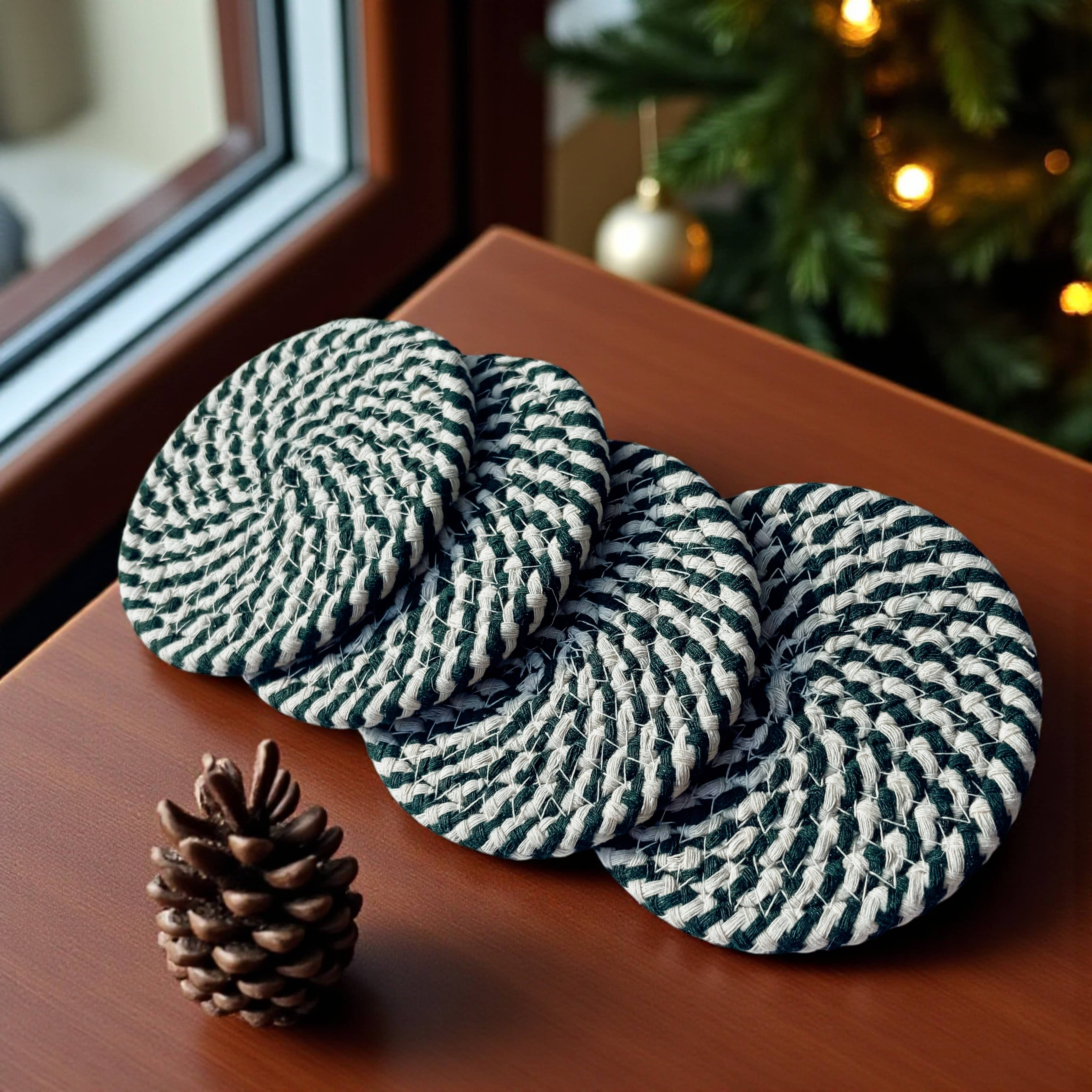 Gia Roma - Wholesale Coasters - Christmas Coasters, Red Candy Cane Braided Cotton Fabric Set45