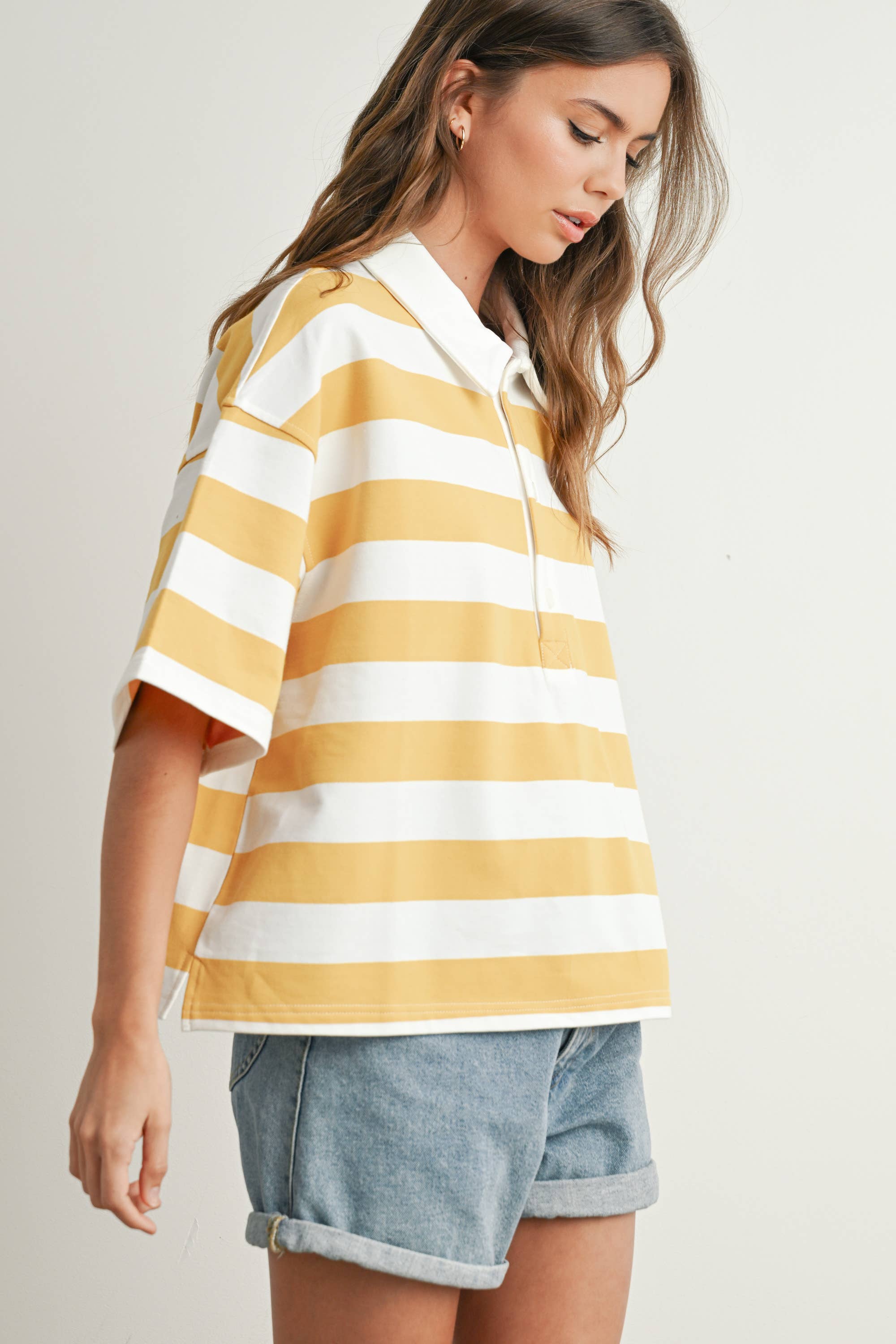 BUTTERMELON - Wholesale Polo - Women's - Striped Oversized Polo Shirt - BMT771024