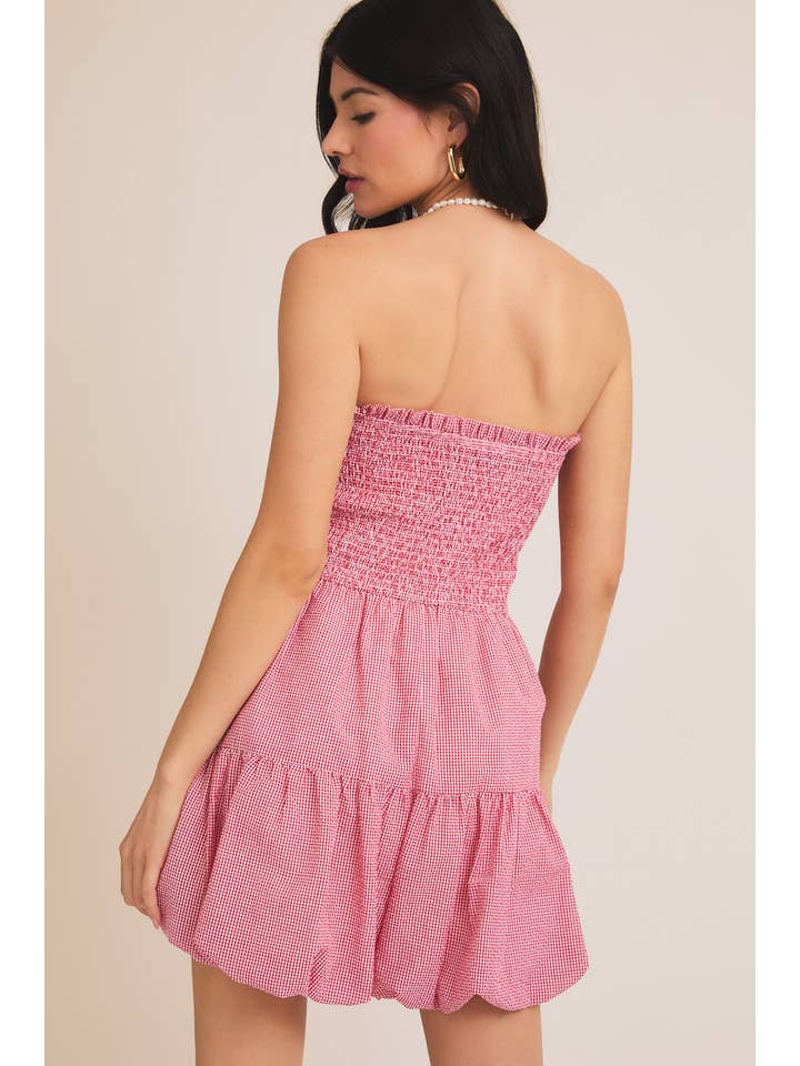 RED WHITE GINGHAM STRAPLESS SMOCKED TOP BUBBLE HEM ROMPER for wholesale on Faire