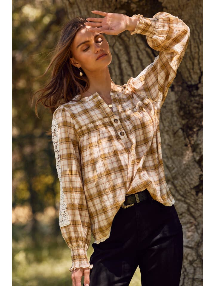 Oddi - Wholesale Blouse - Women's - Lace& Plaid Combo Long Sleeve Blouse