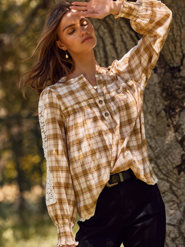 Lace& Plaid Combo Long Sleeve Blouse for wholesale by Oddi