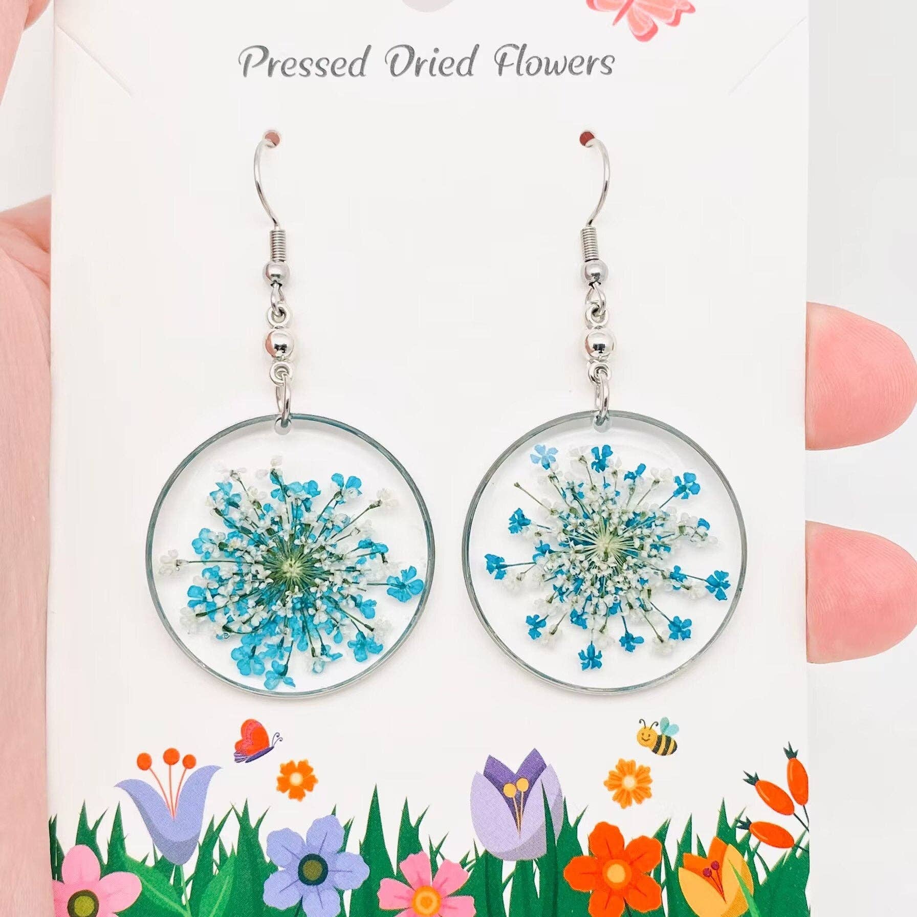 Mio Queena - Wholesale Dangle Earrings - Queen Anne's Lace Round Pendant Dried Flowers Earrings - PDF0