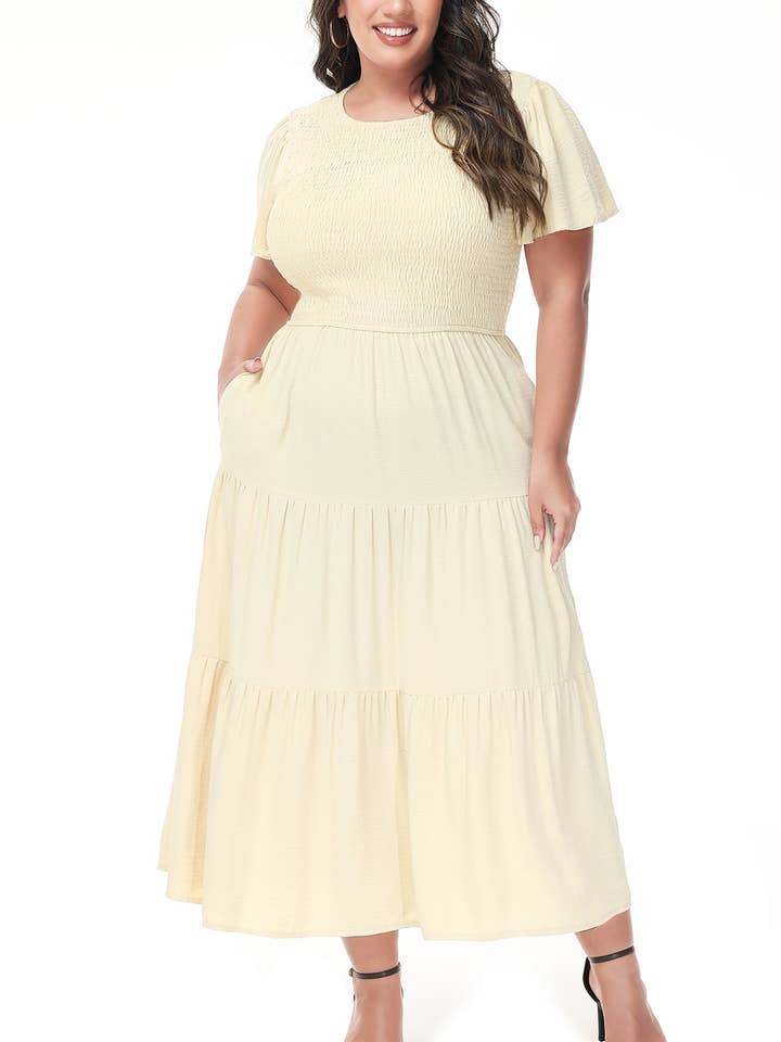 Women's Plus Size Casual Round Neck FlutterTiered Maxi Dress for wholesale by Anna Kaci Wholesale