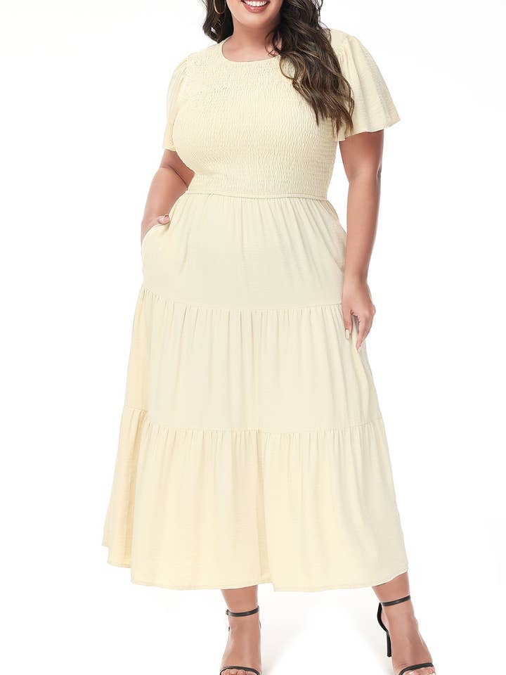 Women's Plus Size Casual Round Neck FlutterTiered Maxi Dress for wholesale by Anna Kaci Wholesale