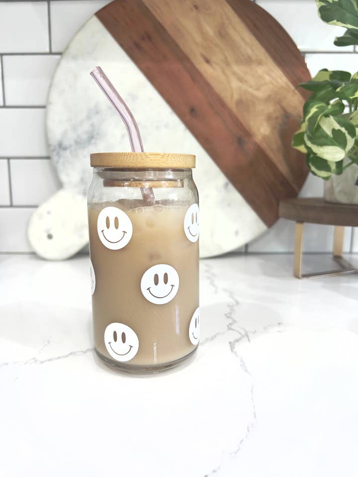 Happy Cup Glass Can Cup for wholesale by Sparkly Paper Co