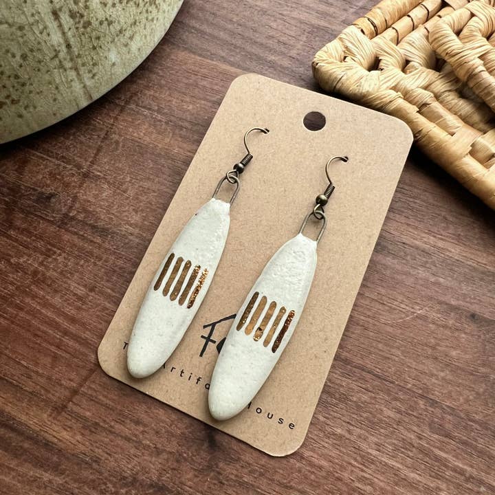 White Long Oval Patterned Earrings for wholesale by The Artifact House