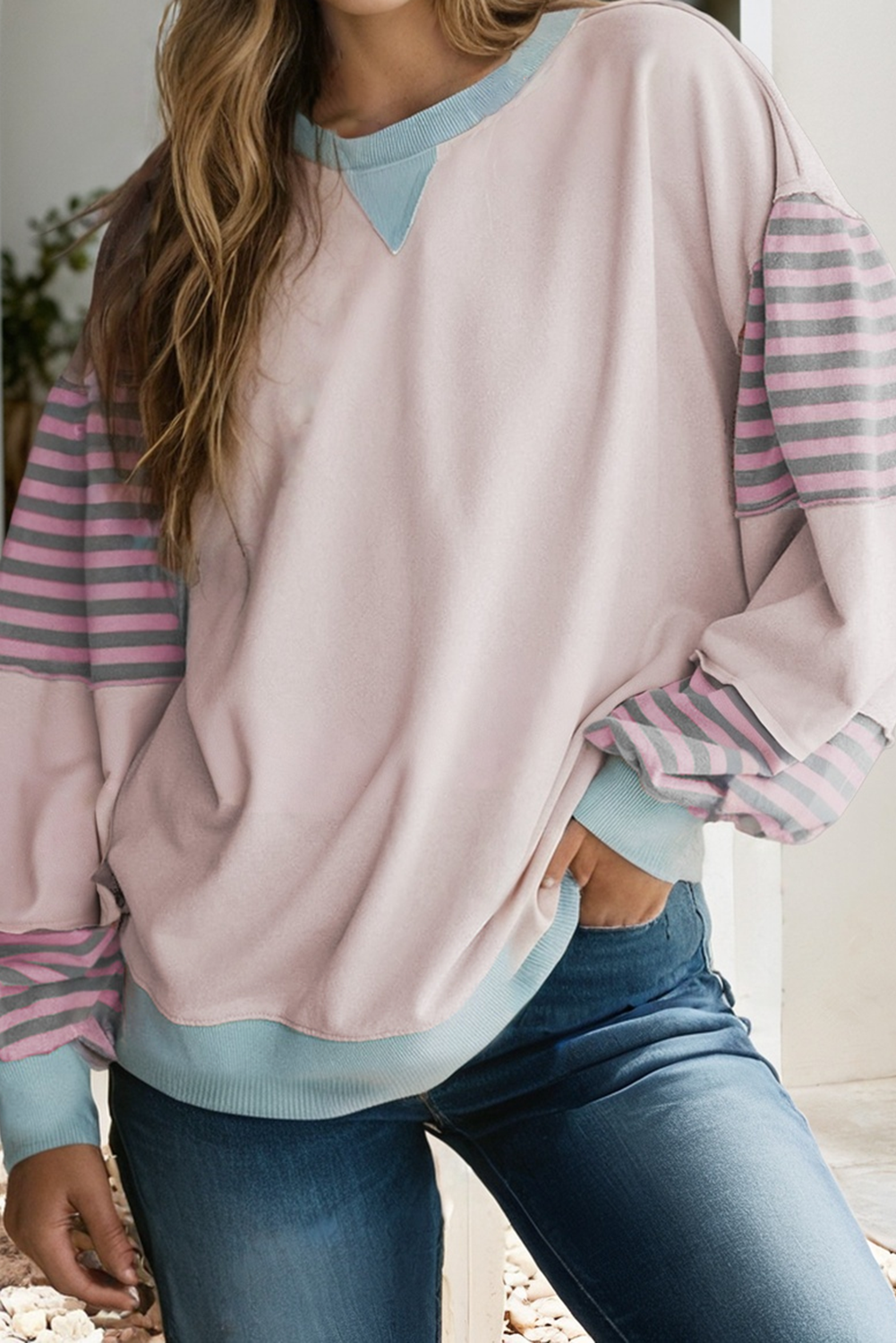 Little Daisy Closet - Wholesale Blouse - Women's -  LDC Striped Colorblock Patchwork Drop Shoulder Sweatshirt4