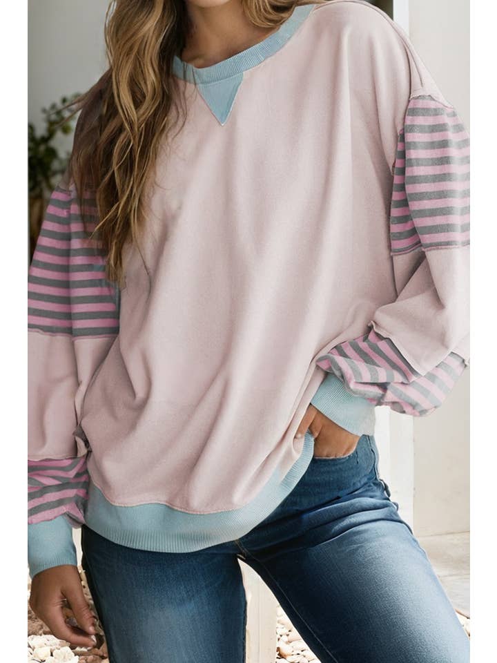 Little Daisy Closet - Wholesale Blouse - Women's - LDC Striped Colorblock Patchwork Drop Shoulder Sweatshirt4