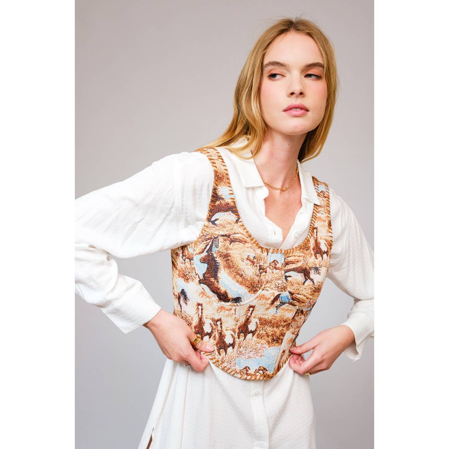 BROWN MULTI Western Horse Jacquard Stitch Detail Corset for wholesale on Faire5