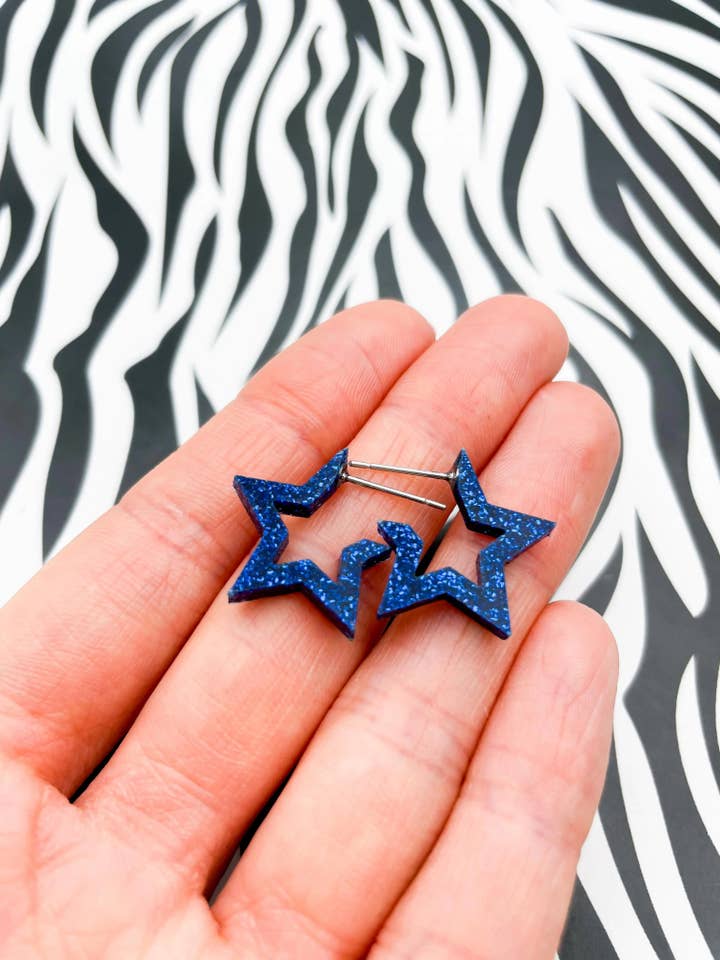 Medium Navy Blue Glitter Acrylic Star Hoops for wholesale by Sapphire Frills Ltd